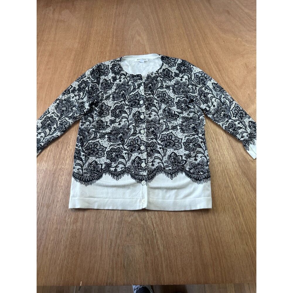 Womens Roz & Ali S Black White Lace Print Cardigan 3/4 Sleeve
